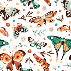 Fototapeta na wymiar Butterflies, seamless pattern design. Summer nature, endless background, repeating print. Beautiful moths flying, flowers, leaf plants, printable texture for fabric, textile. Flat vector illustration