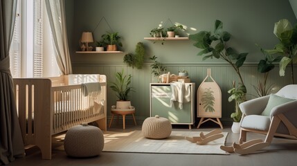 Baby's room is adorned with eco-friendly furnishings and plant motifs