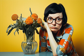 Femme brune des années 70 avec lunettes assise a une table, faisant la moue a coté d'un vase avec des fleurs - obrazy, fototapety, plakaty
