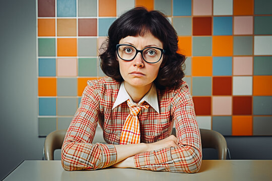 Femme brune des ann&eacute;es 70 avec lunettes assise a une table, les bras crois&eacute;s