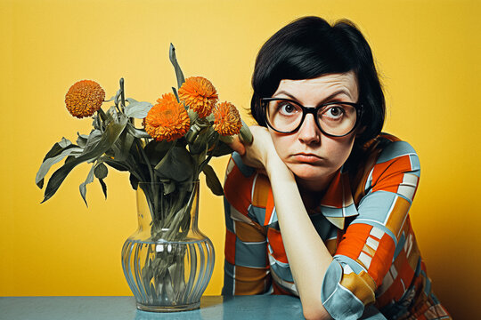 Femme brune des ann&eacute;es 70 avec lunettes assise a une table, faisant la moue a cot&eacute; d'un vase avec des fleurs
