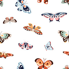 Fototapeta premium Butterflies, seamless pattern, repeating print. Spring and summer nature background, endless texture design. Moths flying, repeatable decoration for fabric, textile, wrapping. Flat vector illustration