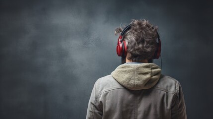 Man, lost in his world, listens intently to music through his headphones
