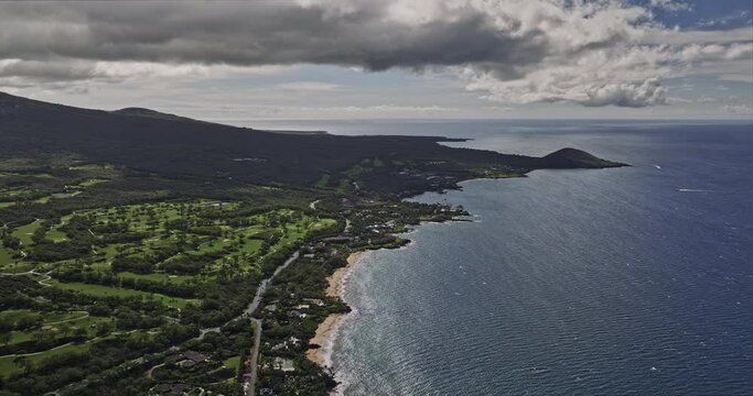 Wailea-Makena Maui Hawaii Aerial v10 high altitude drone flyover Po'olenalena beach capturing Emerald golf course and luxury oceanfront resort hotels in summer - Shot with Mavic 3 Cine - December 2022