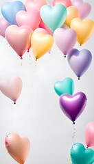 A whitish background material with lots of bright colorful pastel heart-shaped balloons decorations and space for text. Baby birth or birthday celebration background.