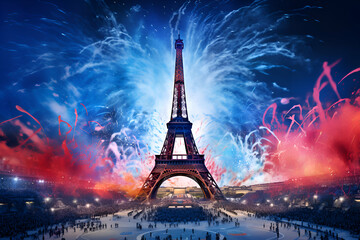 View of fictional objects against the backdrop of the Eiffel Tower. Concept of the Olympic Games in...