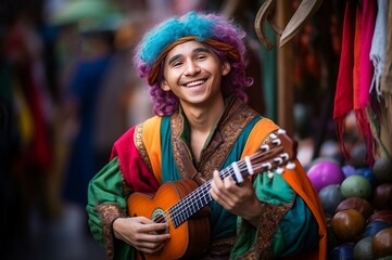 Male bard in colorful clothing. Happy positive musician with guitar instrument. Generate ai - obrazy, fototapety, plakaty