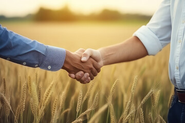 Two Farmers Shake Hands In Front Of Wheat Field