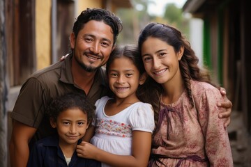 Portrait of a Latin family hugging in the rural area - Happy Hispanic family in the village.