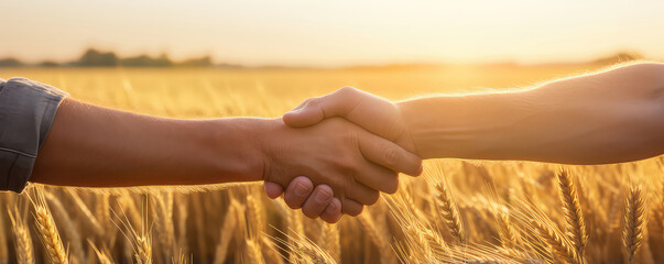 Two Farmers Share Symbolic Handshake In Wheat Field - obrazy, fototapety, plakaty