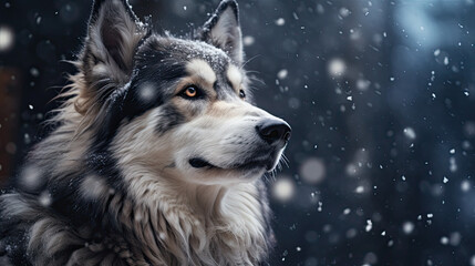 shepherd dog in the snow, winter background 