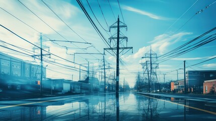 Haunting double exposure captures an electric pole superimposed on a contrasting scene - obrazy, fototapety, plakaty