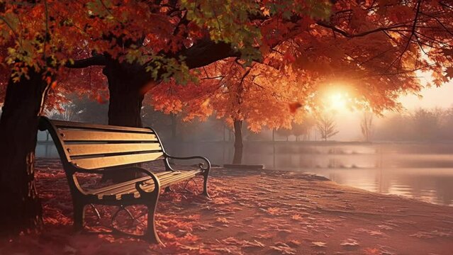 Summer scenery. Autumn forest path. Orange color tree, benches in a city park with beautiful view. Nature scene in sunset. Cartoon or anime illustration video style background
