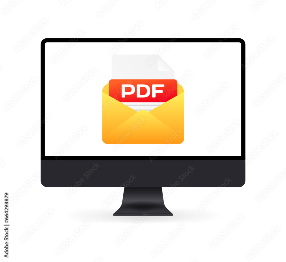 Poster pdf file on screen. flat, color, monitor screen, pdf file on the screen, pdf envelope icon. vector i