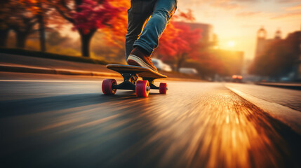 Skateboarder speeds down a road, the background blurred with motion - obrazy, fototapety, plakaty