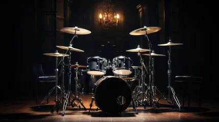 Fotobehang Drum set stands center stage in a dimly lit room, the spotlight casting dramatic shadows and emphasizing its musical significance © Malika