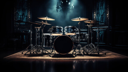 Drum set stands center stage in a dimly lit room, the spotlight casting dramatic shadows and emphasizing its musical significance - obrazy, fototapety, plakaty