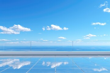 An abstract background image displays clear glass installed in a guardrail, providing a panoramic view and a sense of transparency and openness. Photorealistic illustration