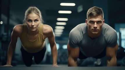 Fototapeta na wymiar Fitness Couple Exercising in a Gym. Fictional characters created by Generated AI.