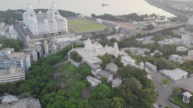 Aerial footage of the Birla Mandir, which is at the centre of Hyderabad, footage of Hussain Sagar Lake, Telangana State New Secretariat; Buddha Statue; as well as the  Dr. Babasaheb Ambedkar Memorial
