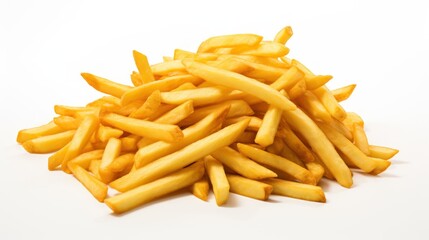 Heap of golden french fries, crispy and delicious, is showcased against a bright white backdrop