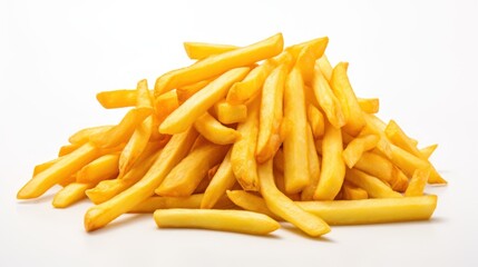 Heap of golden french fries, crispy and delicious, is showcased against a bright white backdrop - obrazy, fototapety, plakaty