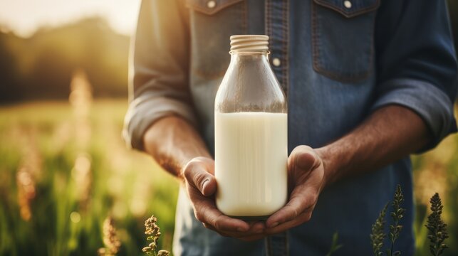 Proud farmer holds a container filled with fresh milk, showcasing the wholesome produce of his farm