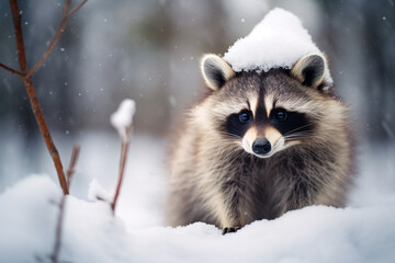 Obraz premium Christmas cute funny baby raccoon in winter forest