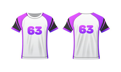 T-shirt mockup. Flat, purple-white, number 63, T-shirt layout, T-shirt mockup with numbers. Vector icons