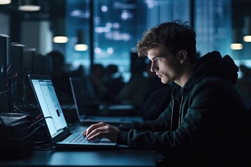 Young Man Working on Laptop Computer. Fictional characters created by Generated AI.