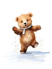 Watercolor illustration of a cute little brown bear playing in water, white background