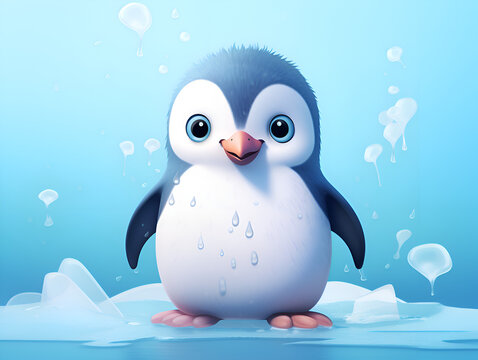 Cartoon illustration of a cute little Pinguin,  blue and white background