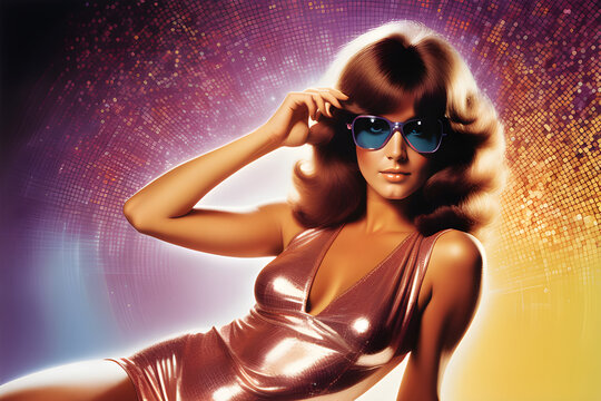 A young sexy fashionable vintage retro 1970s disco woman illustration