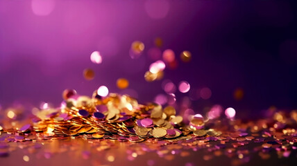 Abstract violet and gold shiny Christmas background with glitter and confetti. Holiday bright purple blurred backdrop with golden particles and bokeh.