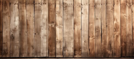 In a wide-format abstract background image, a weathered wood fence is composed of vertically nailed boards, portraying a rustic and textured composition. Photorealistic illustration - obrazy, fototapety, plakaty