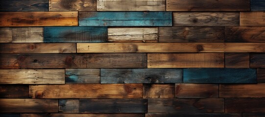 In a wide-format abstract background image, a weathered wall is constructed from leftover boards of various colors and sizes, creating an eclectic composition. Photorealistic illustration