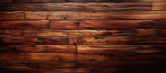 In a wide-format abstract background image, a weathered wood wall is presented with a stained and varnished finish, creating a rustic yet polished composition. Photorealistic illustration - obrazy, fototapety, plakaty
