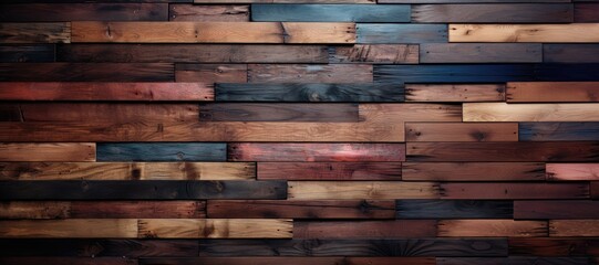 In a wide-format abstract background image, a weathered wall is constructed using colorful leftover boards, creating an eclectic and visually dynamic composition. Photorealistic illustration