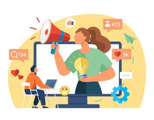 Influencer. Vector illustration. Promotion through various media channels helps influencers reach broader audience Society looks to influencers for inspiration and guidance Influencers use effective