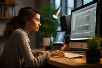 A Young Woman Using a Mac Computer in a Modern Office. Fictional characters created by Generated AI. - obrazy, fototapety, plakaty