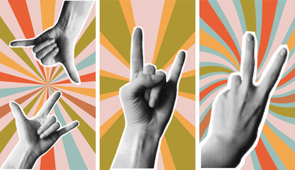 A set of posters with retro backgrounds, wavy lines. Set of halftone collage stickers with hands. Punk, rock, cool doodle elements. Retro style, vintage, 80s. Retro halftone template for banner,poster - obrazy, fototapety, plakaty