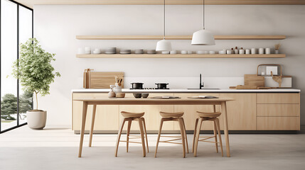 Modern scandinavian, minimalist interior design of kitchen with island, dining table and wooden stool