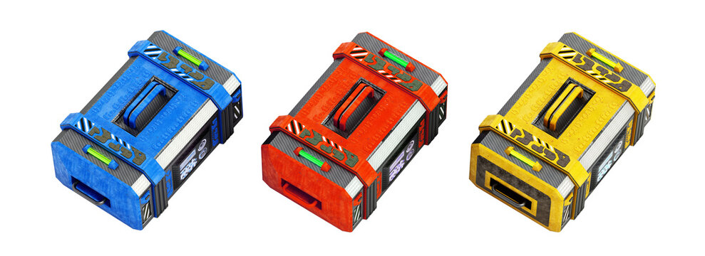Sci-fi treasure chests isolated on transparent background. 3D illustration