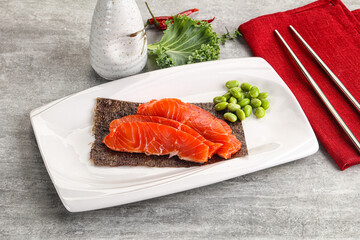 Sliced salmon sashimi in the plate