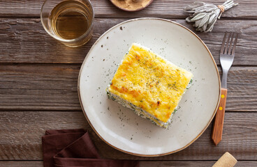 Lasagna with cheese and spinach. Italian food. Vegetarian food.