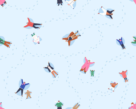 Happy winter holiday pattern. People making snow angels, funny endless background. Seamless repeating print design for textile, fabric, wrapping. Repeatable printable flat graphic vector illustration