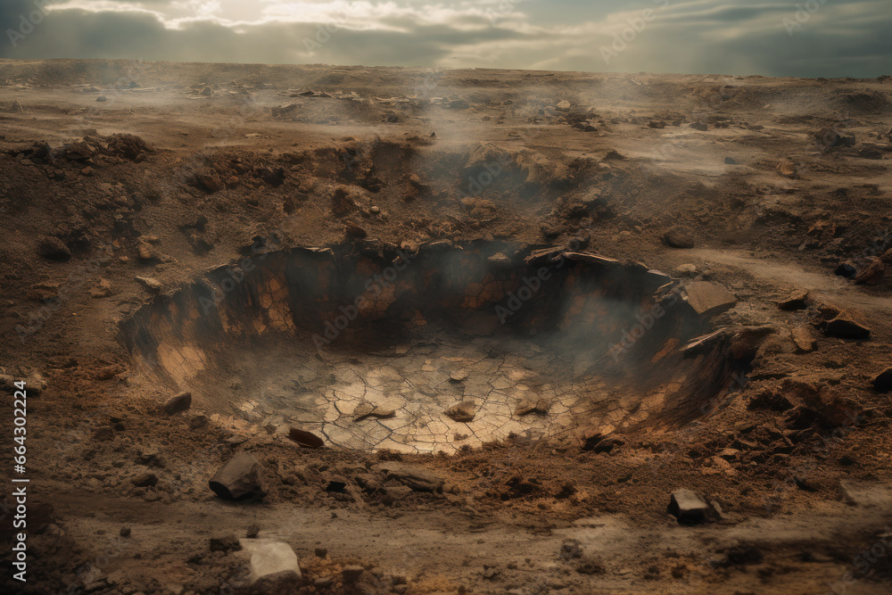 Wall mural a large crater surrounded with barren land and rock