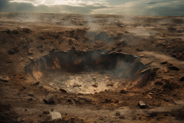 A large crater surrounded with barren land and rock - obrazy, fototapety, plakaty