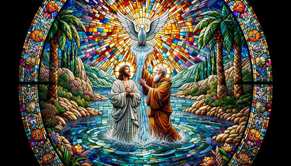 Sacred Stained Glass: Jesus Christ's Baptism by John the Baptist and of the Holy Spirit in the River Jordan.