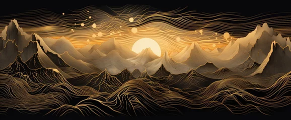 Fototapeten Mountain landscape in black and gold in line art style. © Simon